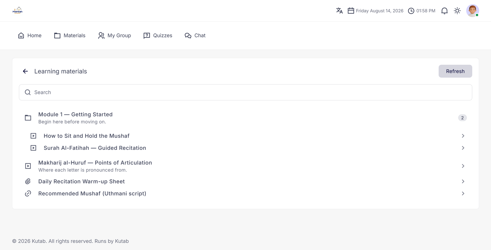A Kutab course page listing learning materials and recorded sessions grouped into modules.